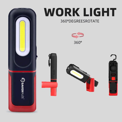 🔥SAKERPLUS Wiederaufladbare Arbeitsleuchte, 3000 lm COB-LED Magnetische Mechaniker-Lampe mit 360°-Schwenkhaken, 180° verstellbarem Ständer, Taschenlampen-Modus, USB-C-Ladung, IP54 Wasserresistenz – für Autoreparatur, Garage & Camping
