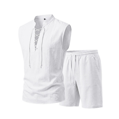 🧵 TIJDELIJKE ACTIE 50% KORTING! ✨ Heren linnen sluitloos setje – Top & Shorts, Riem veter, 7 kleuren ☀️