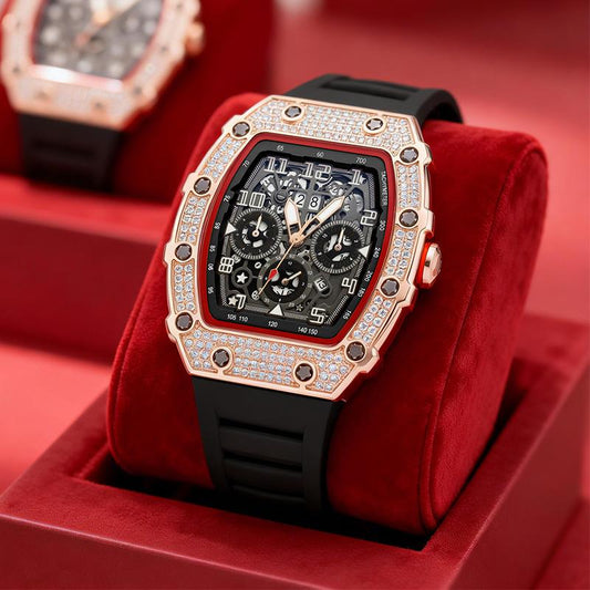 ⌚ Limited Edition – 50% Korting! ✨ Luxe herenhorloge in tonvorm met strass-versiering