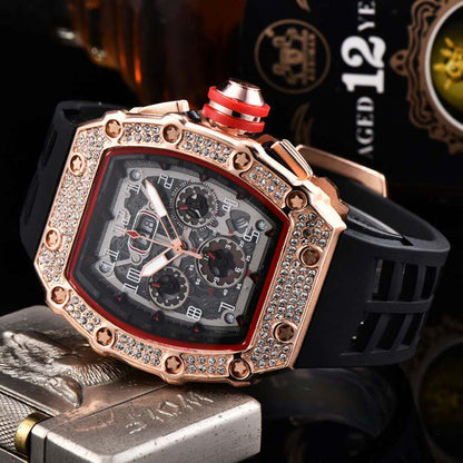 ⌚ Limited Edition – 50% Korting! ✨ Luxe herenhorloge in tonvorm met strass-versiering