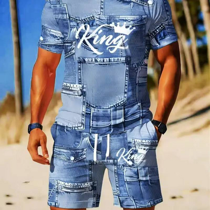 🔥Solange der Vorrat reicht 50 % Rabatt!🎉Herren Lässiges Kunstdenim-Print T-Shirt & Shorts Set