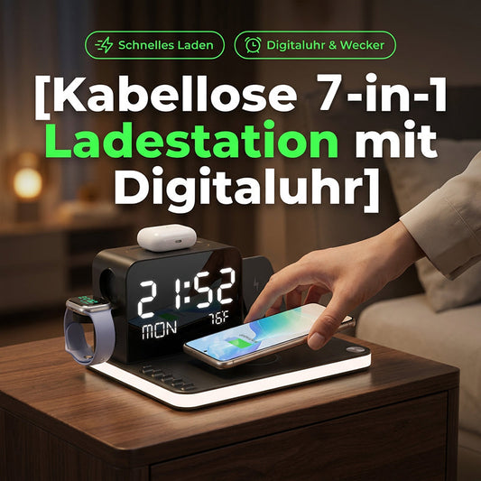 🎊Kabellose Ladestation mit Digitaluhr – 50 % Rabatt – 7-in-1 | ✨LED-Uhr · Nachtlicht · USB-A & USB-C · Für Smartphone, Smartwatch & Kopfhörer