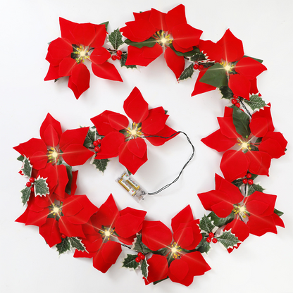 🎄🏠 Beleuchtete Poinsettien-Lichterkette – Flexible 2m Weihnachtsgirlande für Treppengeländer & Regale | Indoor